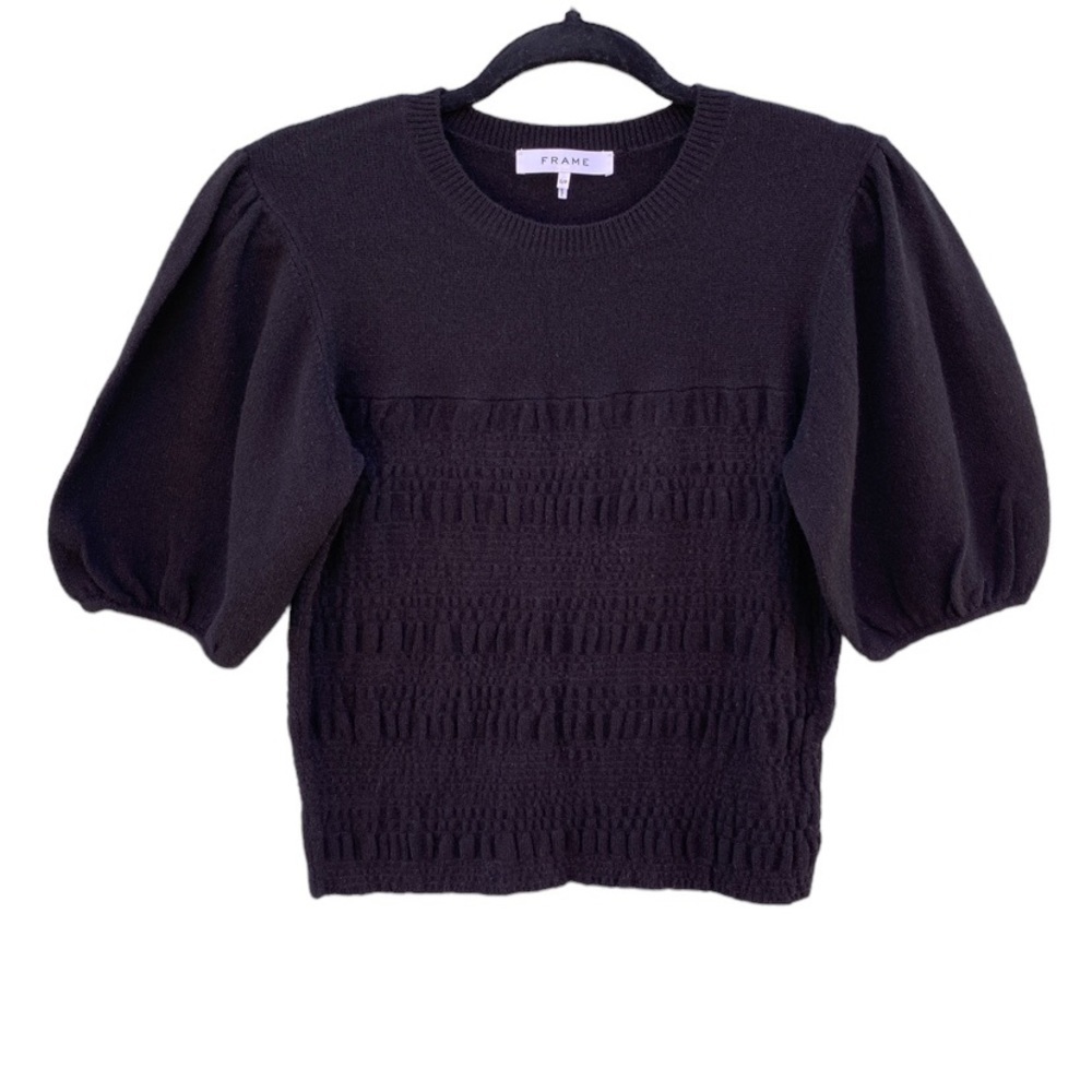 Frame Black Cashmere Smocked Puff Sleeve Sweater Shirt Sz S
